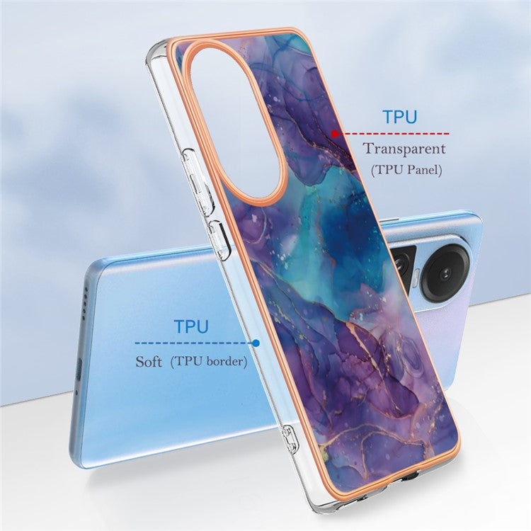 YB IMD Series-16 Style E TPU Case for Oppo Reno10 5G (Global) Electroplating 2.0mm Marble Pattern IMD Phone Cover - Purple