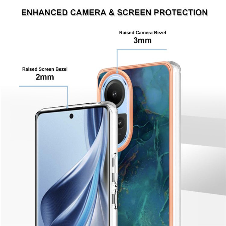YB IMD Series-16 Style E TPU Case for Oppo Reno10 5G (Global) Electroplating 2.0mm Marble Pattern IMD Phone Cover - Green