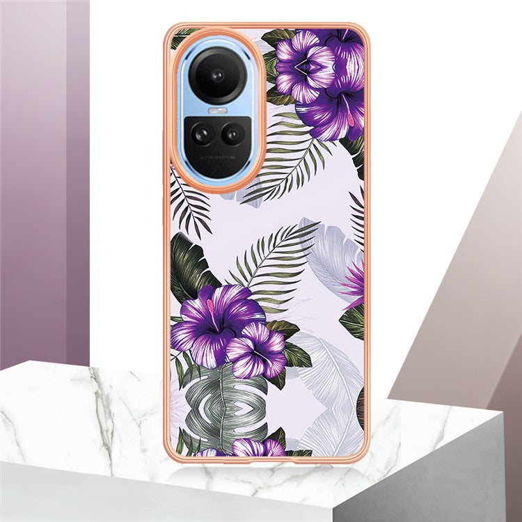 YB IMD Series-1 Electroplating Phone Case for Oppo Reno10 5G (Global) Marble Floral Pattern Soft TPU Cover - Purple Flower