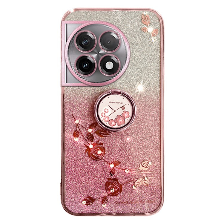 KADEM For OnePlus 11R 5G / Ace 2 5G Flower Pattern Drop-proof TPU Cover Ring Kickstand Glitter Phone Case - Rose Gold