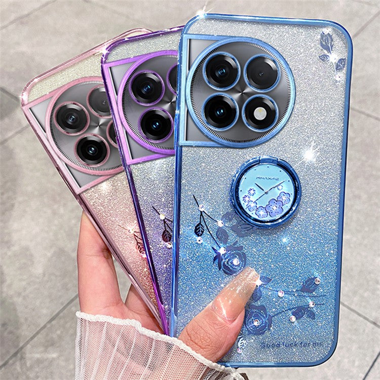 KADEM For OnePlus 11R 5G / Ace 2 5G Flower Pattern Drop-proof TPU Cover Ring Kickstand Glitter Phone Case - Rose Gold