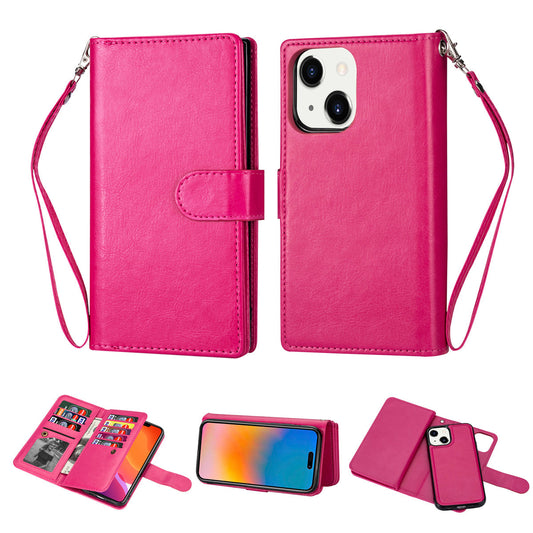 9 Card Slots Phone Case for iPhone 15 , Wallet Stand PU Leather Detachable Phone Cover - Rose