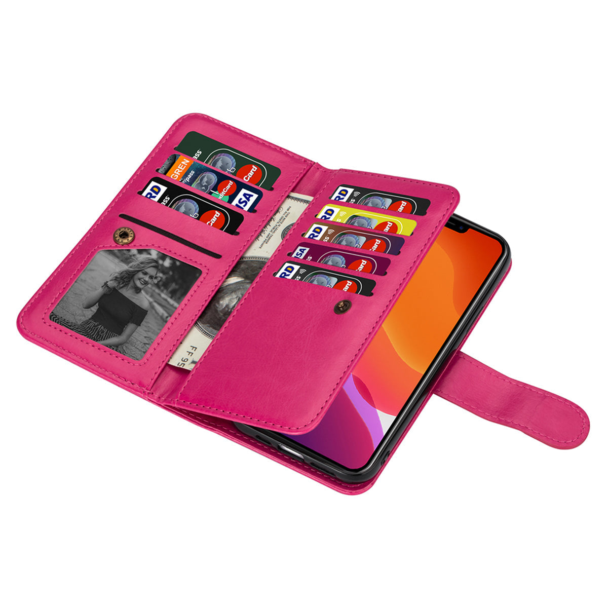 9 Card Slots Phone Case for iPhone 15 , Wallet Stand PU Leather Detachable Phone Cover - Rose