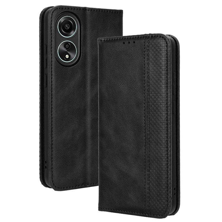 Stand Wallet Phone Case for Oppo A78 4G , Retro PU Leather + TPU Protective Phone Cover - Black