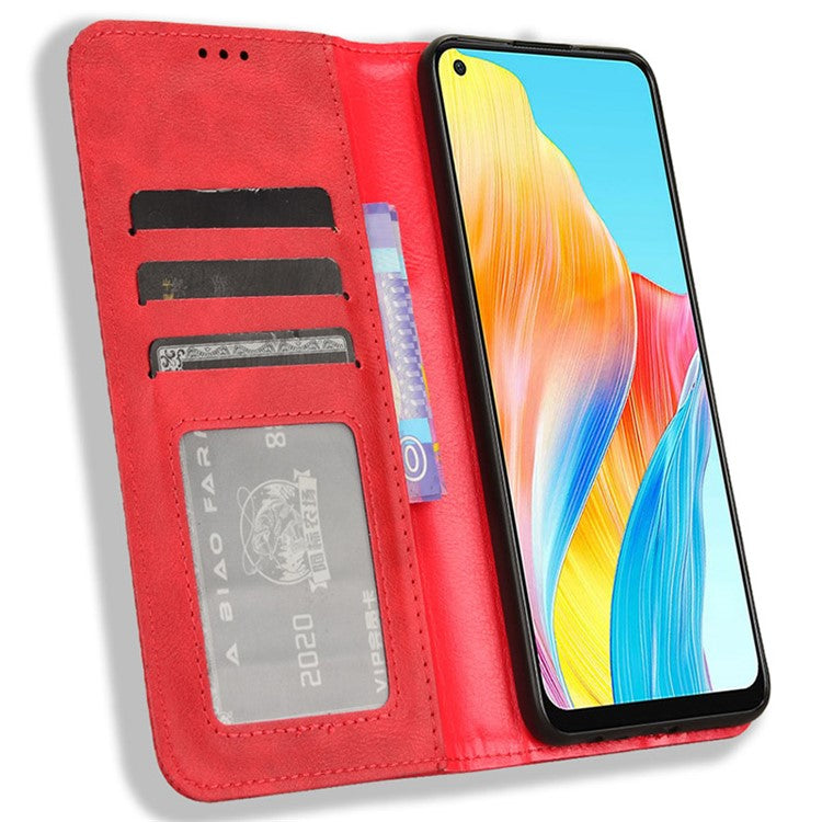 Stand Wallet Phone Case for Oppo A78 4G , Retro PU Leather + TPU Protective Phone Cover - Red