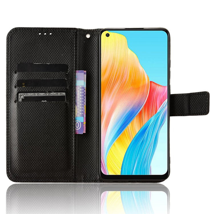 Stand Wallet PU Leather Phone Case for Oppo A78 4G , Diamond Texture Cell Phone Cover - Black