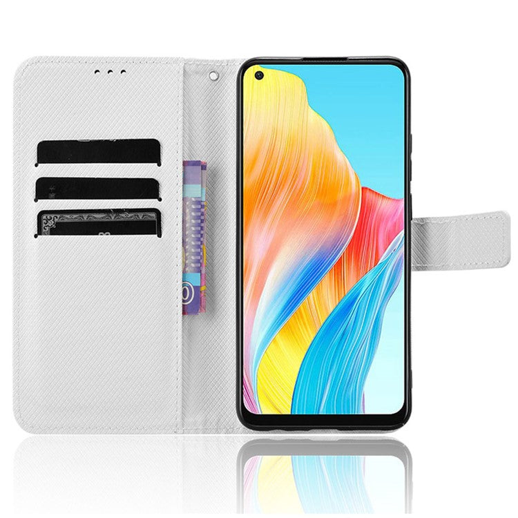 Stand Wallet PU Leather Phone Case for Oppo A78 4G , Diamond Texture Cell Phone Cover - White