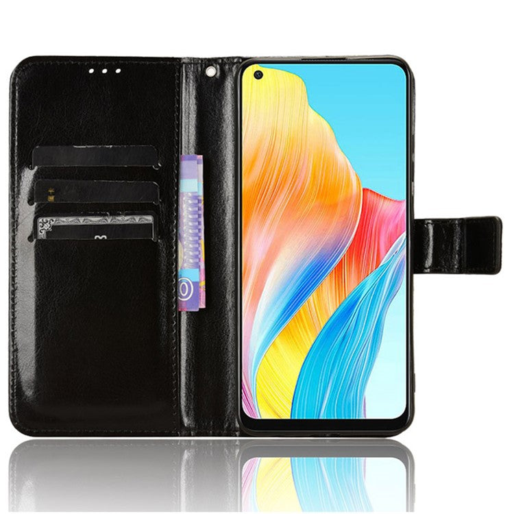 Phone Leather Case for Oppo A78 4G , Crazy Horse Texture Phone Cover with Wallet Stand - Black