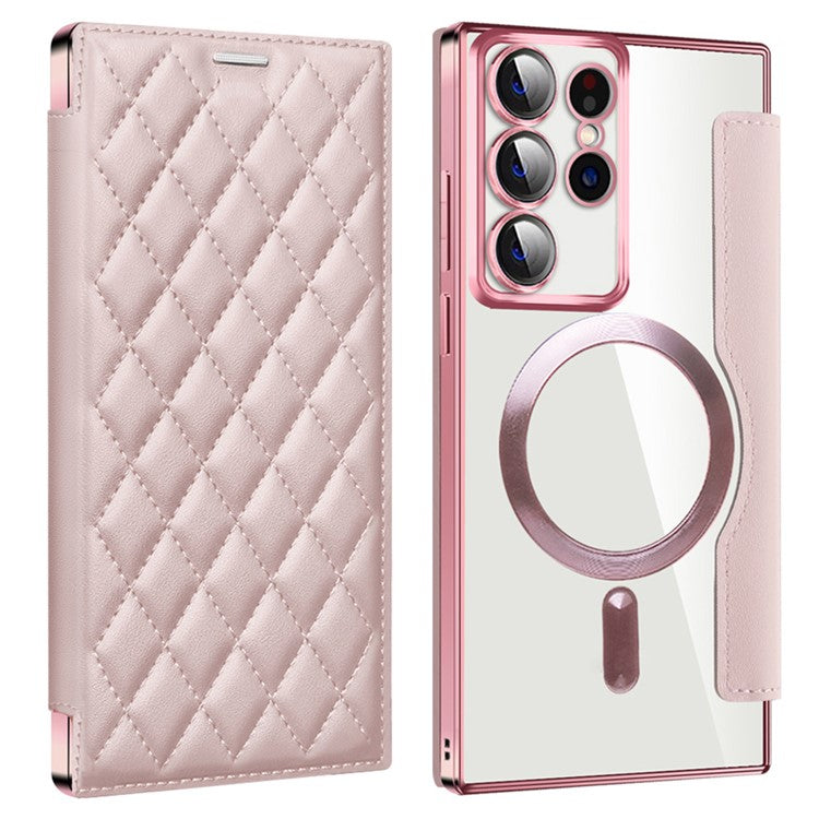 For Samsung Galaxy S23 Ultra PU Leather Card Holder Anti-drop Cover RFID Blocking Phone Case Compatible with MagSafe - Pink