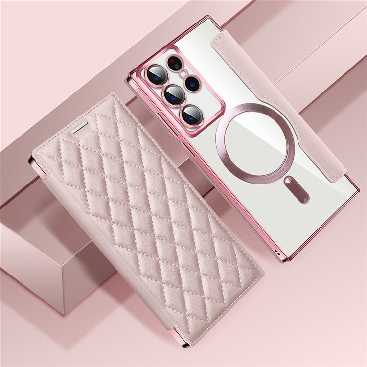 For Samsung Galaxy S23 Ultra PU Leather Card Holder Anti-drop Cover RFID Blocking Phone Case Compatible with MagSafe - Pink