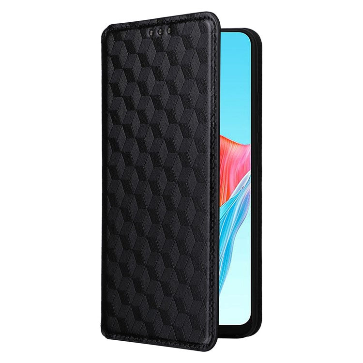 Leather Wallet Case for Oppo A78 4G , Rhombus Imprinted Stand Protective Phone Guard Cover - Black