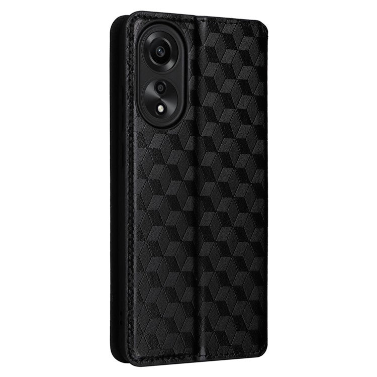 Leather Wallet Case for Oppo A78 4G , Rhombus Imprinted Stand Protective Phone Guard Cover - Black
