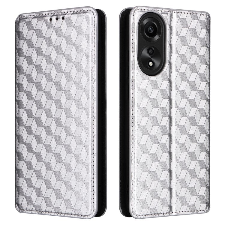Leather Wallet Case for Oppo A78 4G , Rhombus Imprinted Stand Protective Phone Guard Cover - Silver