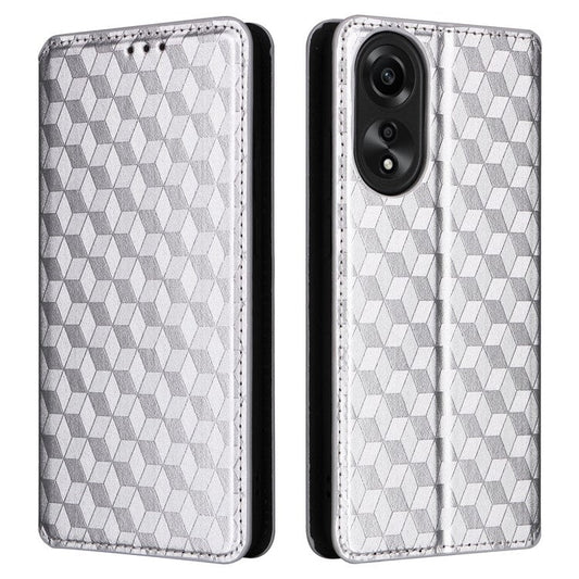 Leather Wallet Case for Oppo A78 4G , Rhombus Imprinted Stand Protective Phone Guard Cover - Silver