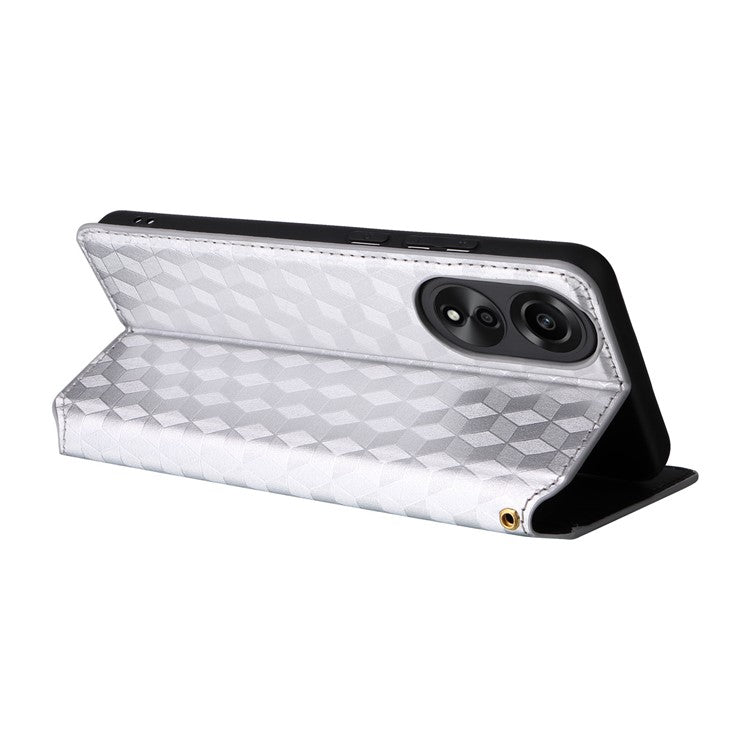 Leather Wallet Case for Oppo A78 4G , Rhombus Imprinted Stand Protective Phone Guard Cover - Silver