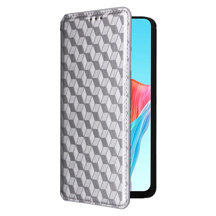 Leather Wallet Case for Oppo A78 4G , Rhombus Imprinted Stand Protective Phone Guard Cover - Silver