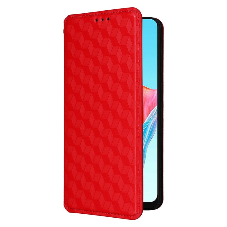 Leather Wallet Case for Oppo A78 4G , Rhombus Imprinted Stand Protective Phone Guard Cover - Red