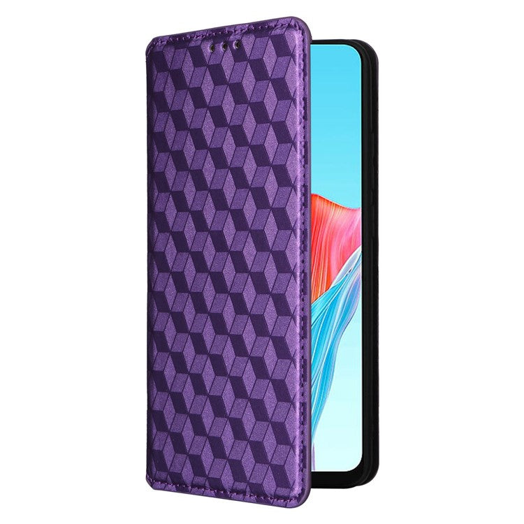 Leather Wallet Case for Oppo A78 4G , Rhombus Imprinted Stand Protective Phone Guard Cover - Purple