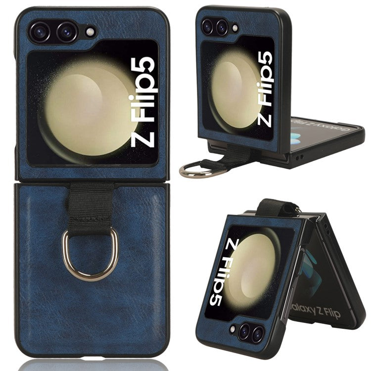 For Samsung Galaxy Z Flip5 5G Protective Phone Case PU Leather Coated PC Cover with Finger Ring Holder - Blue