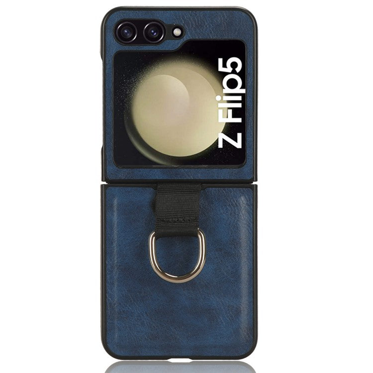 For Samsung Galaxy Z Flip5 5G Protective Phone Case PU Leather Coated PC Cover with Finger Ring Holder - Blue