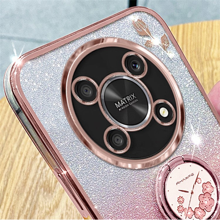 KADEM For Honor X30 5G Flower Decor TPU Cover Ring Kickstand Shell Glitter Anti-scratch Phone Case - Rose Gold