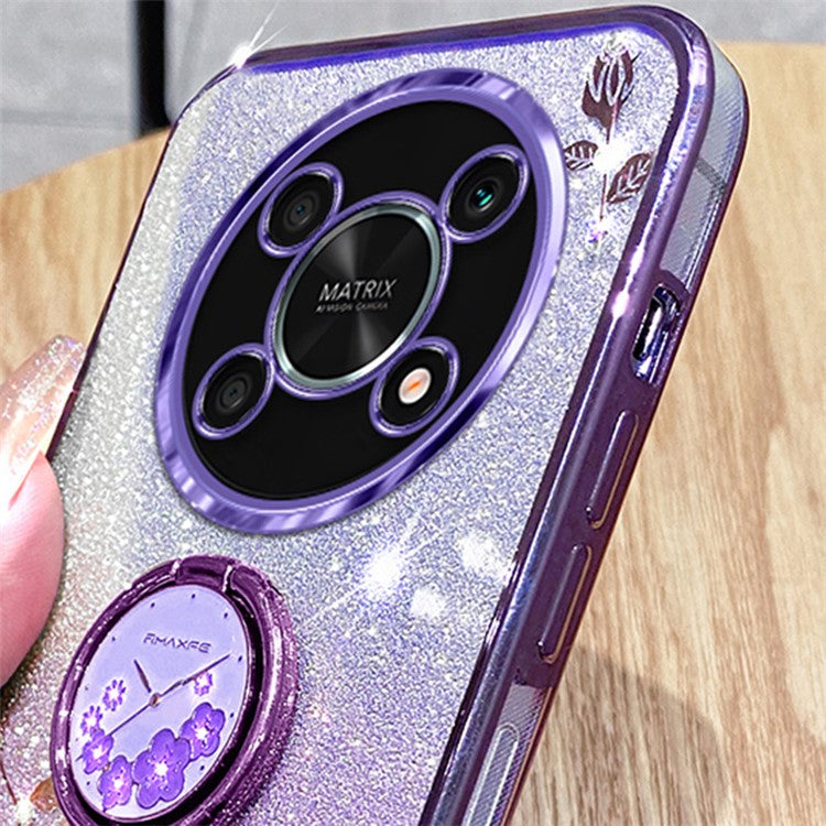 KADEM For Honor X30 5G Flower Decor TPU Cover Ring Kickstand Shell Glitter Anti-scratch Phone Case - Purple