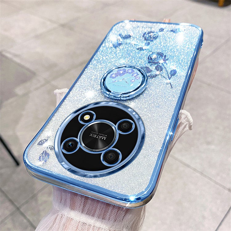 KADEM For Honor X30 5G Flower Decor TPU Cover Ring Kickstand Shell Glitter Anti-scratch Phone Case - Blue