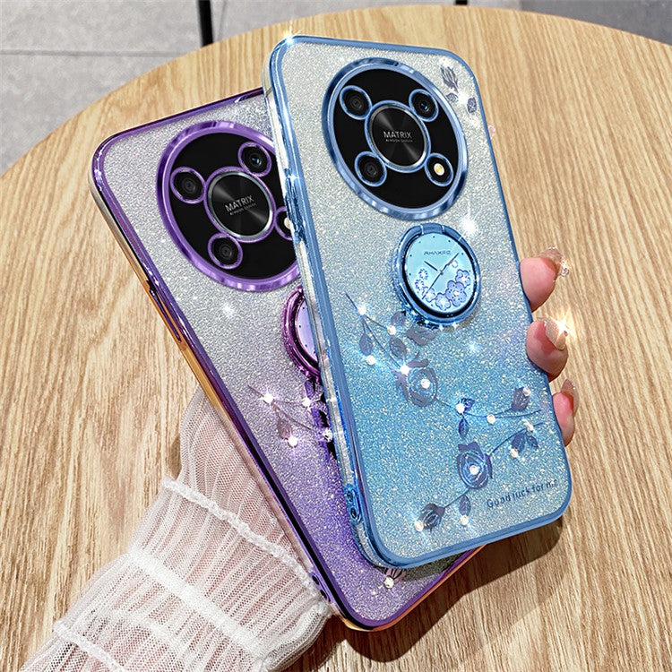 KADEM For Honor X30 5G Flower Decor TPU Cover Ring Kickstand Shell Glitter Anti-scratch Phone Case - Blue