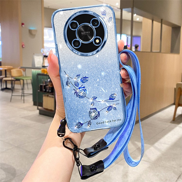 KADEM TPU Case for Honor X30 5G / X9 5G / Magic 4 Lite 5G / X40 GT 5G , Strap Design Glitter Rhinestone Decor Flower Pattern Phone Cover - Blue