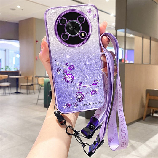 KADEM TPU Case for Honor X30 5G / X9 5G / Magic 4 Lite 5G / X40 GT 5G , Strap Design Glitter Rhinestone Decor Flower Pattern Phone Cover - Purple