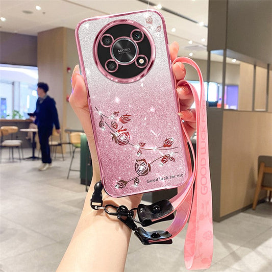 KADEM TPU Case for Honor X30 5G / X9 5G / Magic 4 Lite 5G / X40 GT 5G , Strap Design Glitter Rhinestone Decor Flower Pattern Phone Cover - Rose Gold