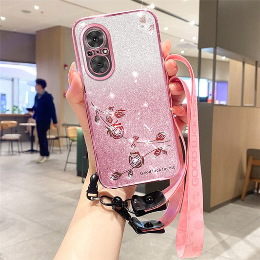 KADEM TPU Case for Honor 50 SE / Huawei nova 9 SE / nova 9 SE 5G , Strap Design Glitter Rhinestone Decor Anti-scratch Phone Cover - Rose Gold