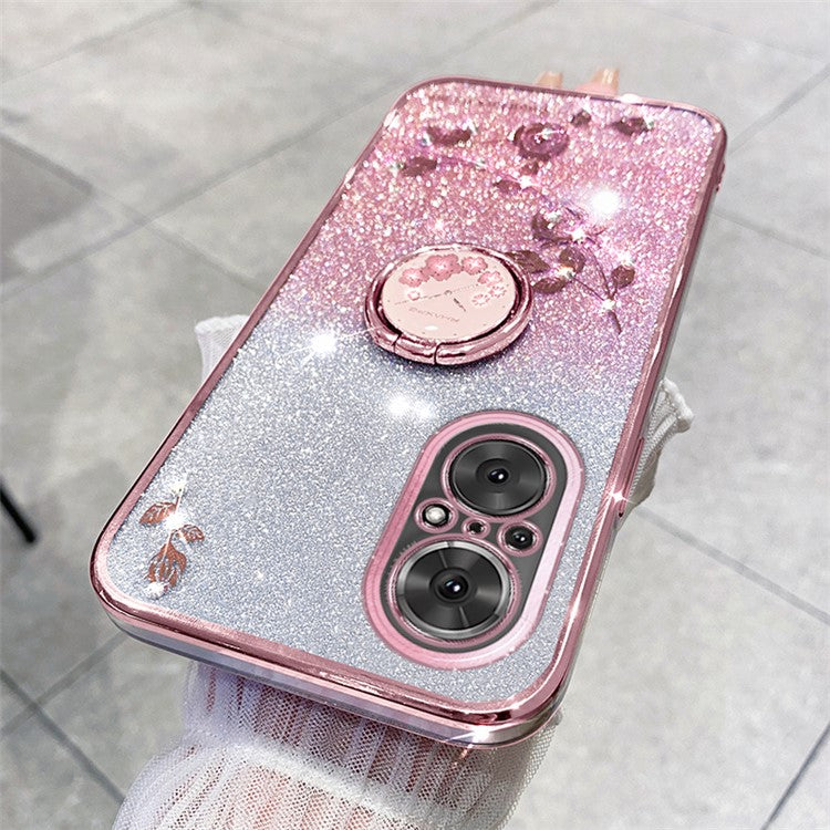 KADEM For Huawei nova 9 SE / Honor 50 SE TPU Phone Cover Glitter Anti-scratch Ring Kickstand Flower Pattern Phone Case - Rose Gold