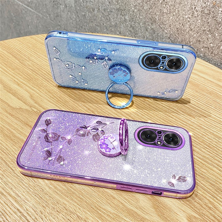 KADEM For Huawei nova 9 SE / Honor 50 SE TPU Phone Cover Glitter Anti-scratch Ring Kickstand Flower Pattern Phone Case - Purple