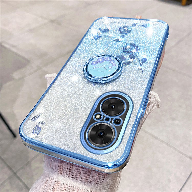 KADEM For Huawei nova 9 SE / Honor 50 SE TPU Phone Cover Glitter Anti-scratch Ring Kickstand Flower Pattern Phone Case - Blue