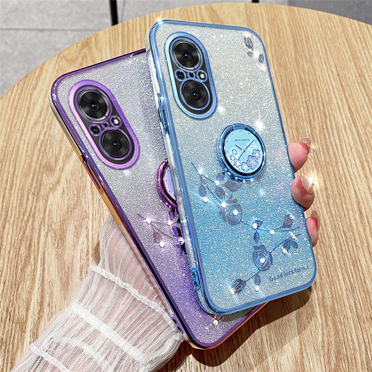 KADEM For Huawei nova 9 SE / Honor 50 SE TPU Phone Cover Glitter Anti-scratch Ring Kickstand Flower Pattern Phone Case - Blue