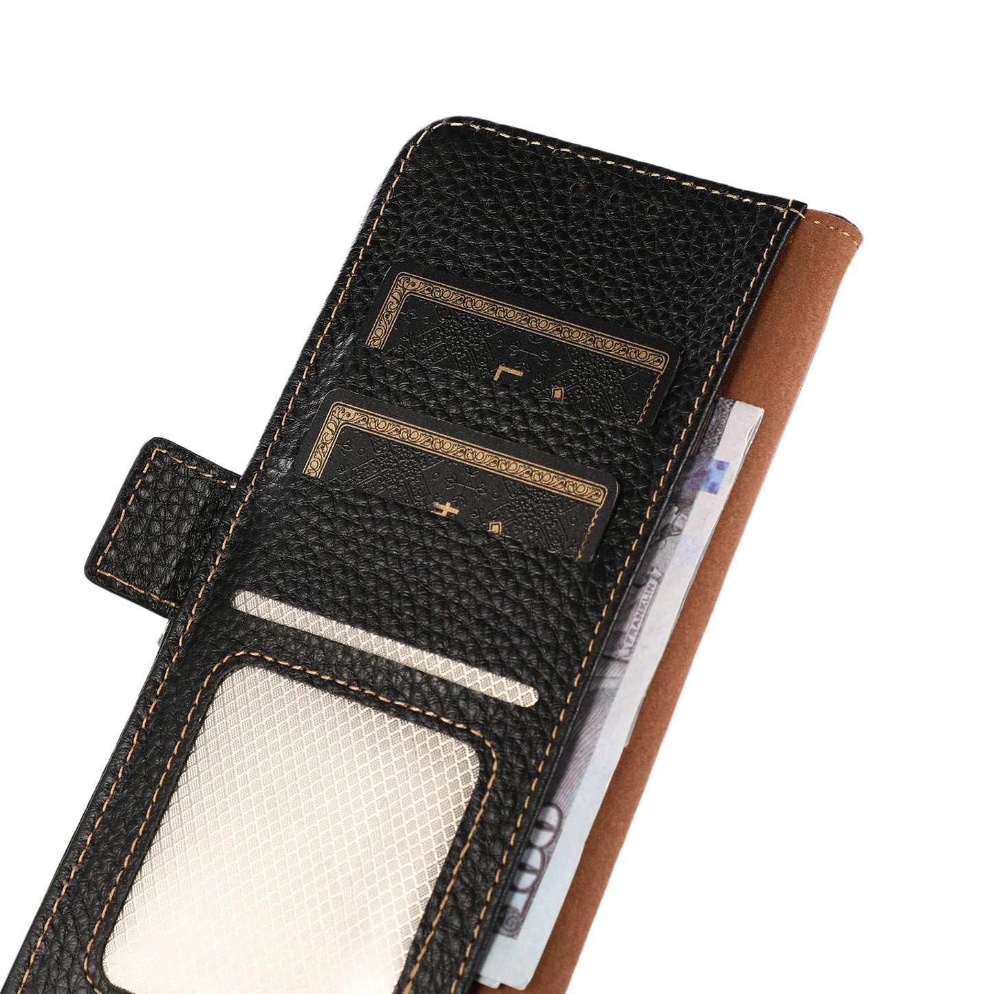 KHAZNEH For Samsung Galaxy F34 5G / M34 5G RFID Blocking Phone Case Stand Wallet Litchi Texture Genuine Cow Leather Cover - Black