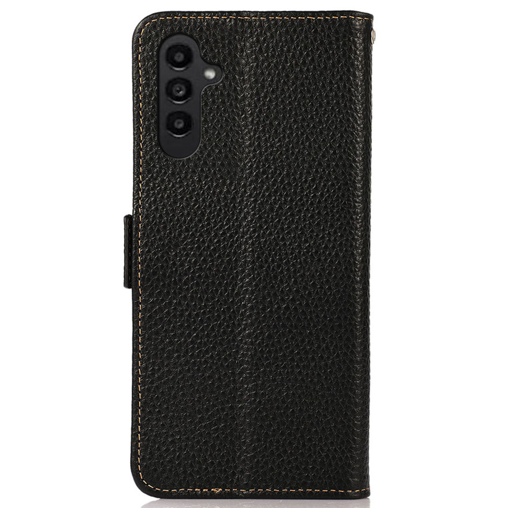 KHAZNEH For Samsung Galaxy F34 5G / M34 5G RFID Blocking Phone Case Stand Wallet Litchi Texture Genuine Cow Leather Cover - Black