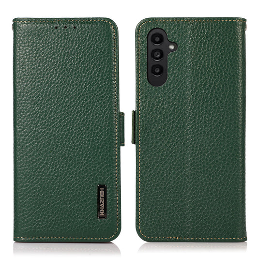 KHAZNEH For Samsung Galaxy F34 5G / M34 5G RFID Blocking Phone Case Stand Wallet Litchi Texture Genuine Cow Leather Cover - Green