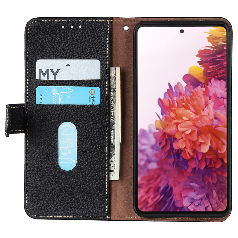 KHAZNEH For Samsung Galaxy F34 5G / M34 5G Phone Wallet Case Litchi Texture Genuine Cow Leather Stand Cover - Black