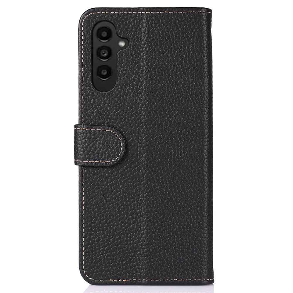KHAZNEH For Samsung Galaxy F34 5G / M34 5G Phone Wallet Case Litchi Texture Genuine Cow Leather Stand Cover - Black
