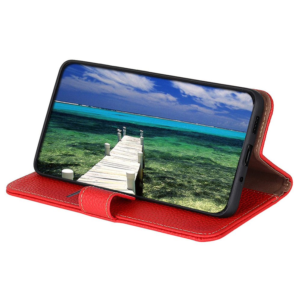 KHAZNEH For Samsung Galaxy F34 5G / M34 5G Phone Wallet Case Litchi Texture Genuine Cow Leather Stand Cover - Red