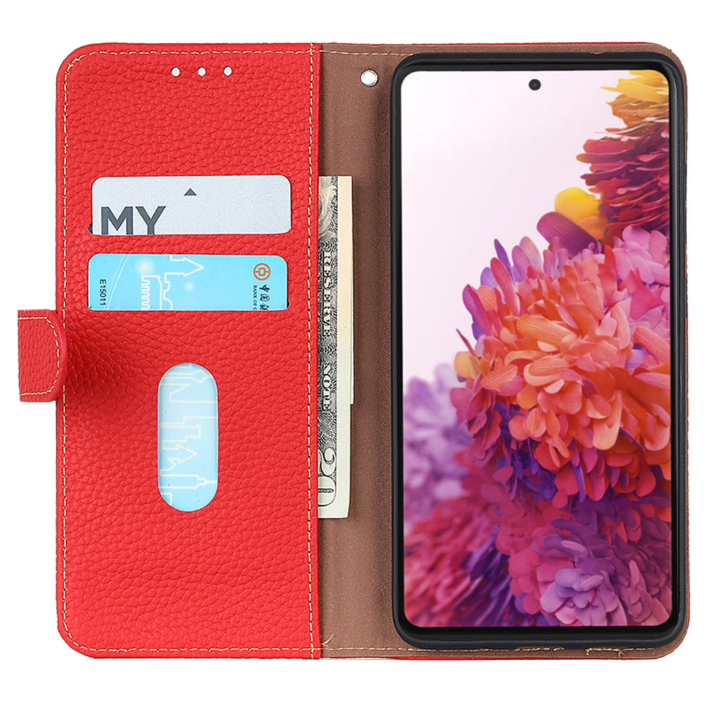 KHAZNEH For Samsung Galaxy F34 5G / M34 5G Phone Wallet Case Litchi Texture Genuine Cow Leather Stand Cover - Red