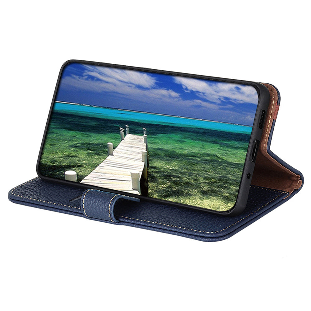 KHAZNEH For Samsung Galaxy F34 5G / M34 5G Phone Wallet Case Litchi Texture Genuine Cow Leather Stand Cover - Blue