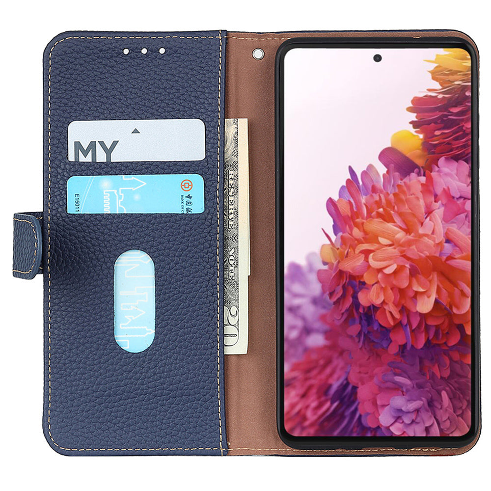 KHAZNEH For Samsung Galaxy F34 5G / M34 5G Phone Wallet Case Litchi Texture Genuine Cow Leather Stand Cover - Blue