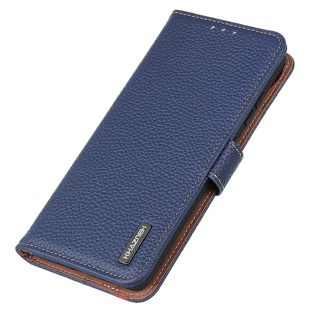 KHAZNEH For Samsung Galaxy F34 5G / M34 5G Phone Wallet Case Litchi Texture Genuine Cow Leather Stand Cover - Blue