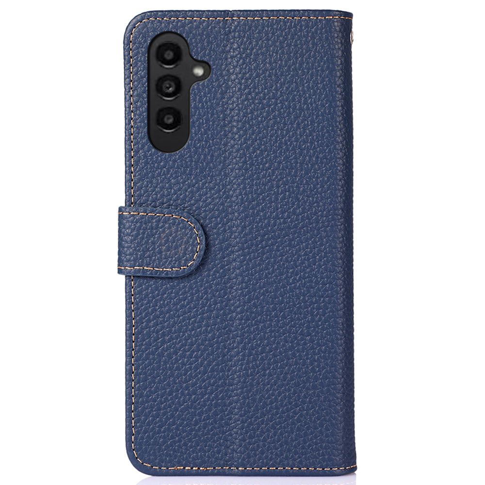 KHAZNEH For Samsung Galaxy F34 5G / M34 5G Phone Wallet Case Litchi Texture Genuine Cow Leather Stand Cover - Blue