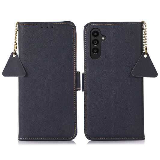 TJ RFID Blocking Phone Case for Samsung Galaxy F34 5G / M34 5G , Wallet Stand Genuine Cow Leather Cover - Blue