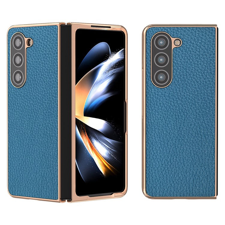 Electroplating Phone Case for Samsung Galaxy Z Fold5 5G , Genuine Cow Leather Coated PC Litchi Texture Protective Cover - Blue