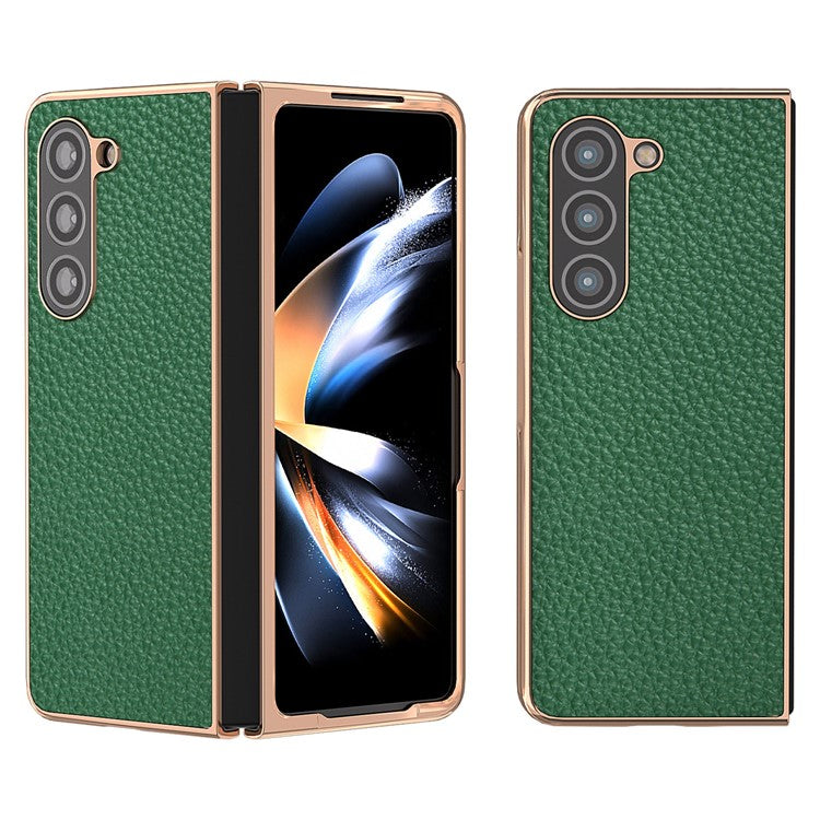 Electroplating Phone Case for Samsung Galaxy Z Fold5 5G , Genuine Cow Leather Coated PC Litchi Texture Protective Cover - Green